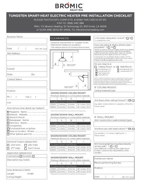 Bromic Platinum Smart-Electric Radiant Heat Patio Heater Installation Checklist