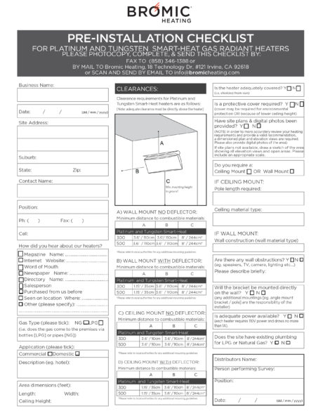 Bromic Tungsten Smart-Gas Radiant Heat Patio Heater Installation Checklist