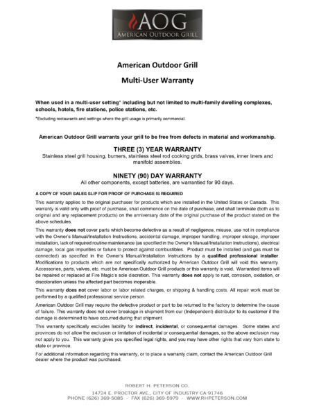 American Outdoor Grill Warranty