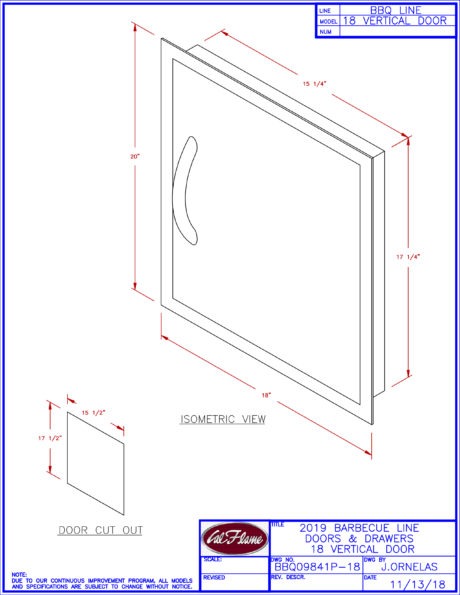 Cal Flame 18" Vertical Door Line Drawing