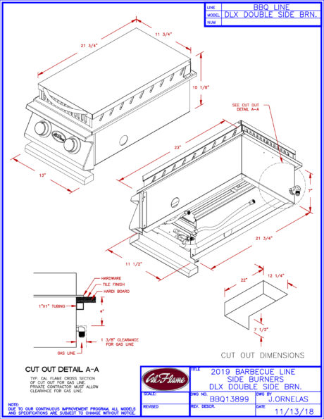 Cal Flame Deluxe Drop-In Double Side Burner Line Drawings