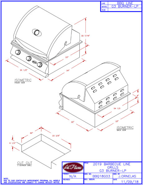 Cal Flame G Series Built-In 3 Burner BBQ Grill Line Drawings