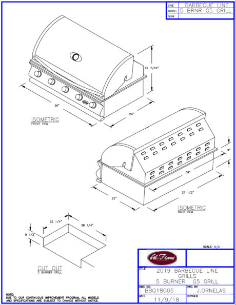 Cal Flame G Series Built-In 5 Burner BBQ Grill Line Drawings