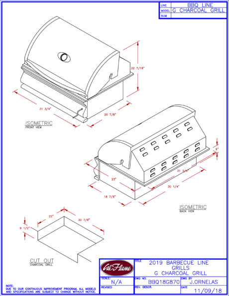 Cal Flame G Series Built-In Charcoal Grill Line Drawings