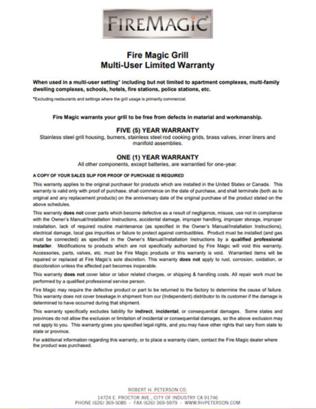 Fire Magic Grill Multi User Warranty